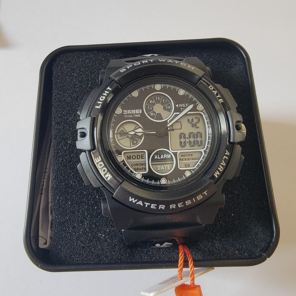 SKMEI Black Digital Sport Watch Men Dual Time Alarm Chronograph Quartz 50m Box